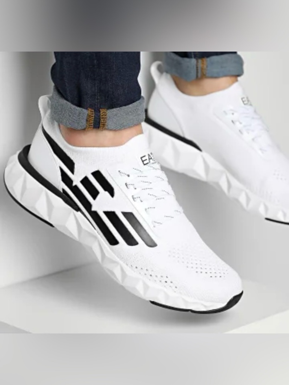 Emporio Armani White and Black Logo Knit Sneakers